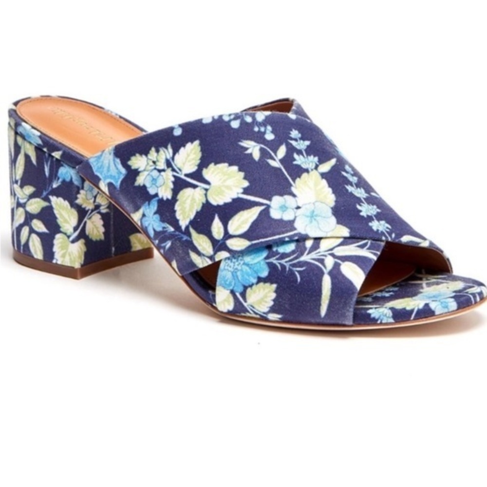 J. MCLAUGHLIN FABRIC FLORAL TRIBECCA AMELIA BLUE CHUNKY BLOCK HEELED MULES 8.5